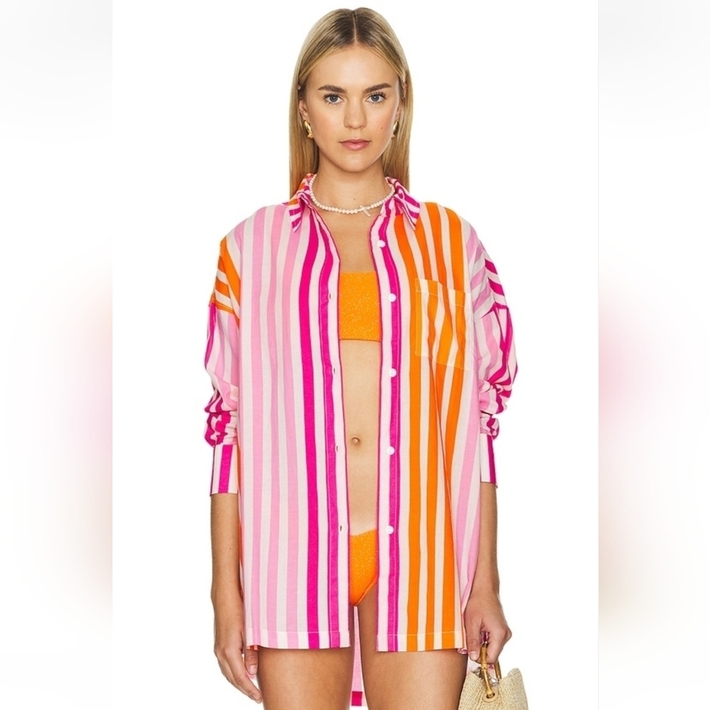 Beach Riot Striped Oversized Button Down Shirt – Pink Orange Cotton Size L/XL